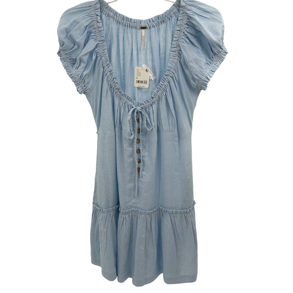 Free People Dewshine Mini Dress‎ Sky Blue Linen Blend Puff Sleeve Womens  M